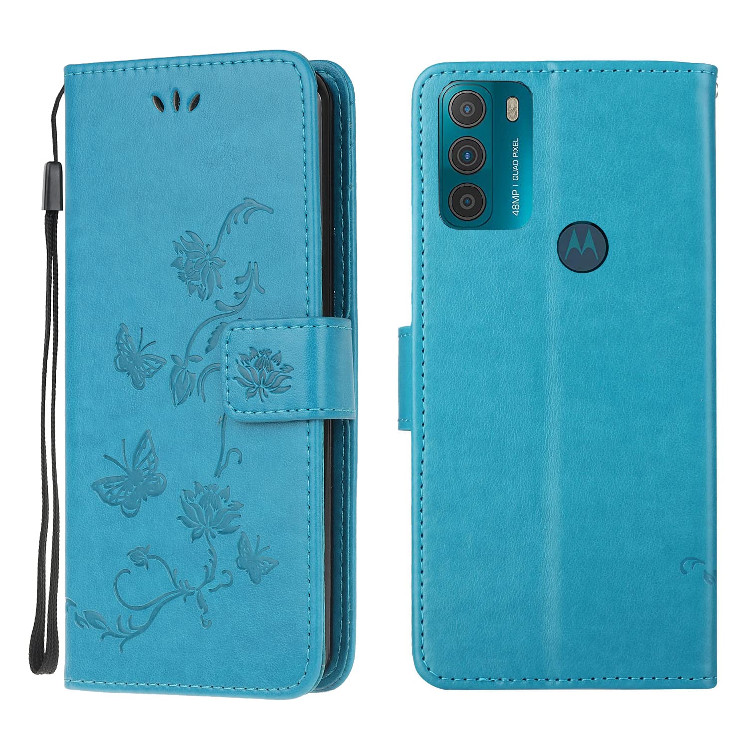 Phone Case for Motorola Moto G30 / Moto G10, Flip PU Leather Notebook Wallet Card Holder Protective Cover Lotus Butterfly Embossed with Magnetic Kickstand TPU Bumper Shockproof Case, Blue