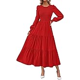 KIRUNDO Spring Dresses for Women 2026 Long Sleeve Maxi Wedding Guest Smocked Crew Neck Empire Waist A Line Flowy Long Dress