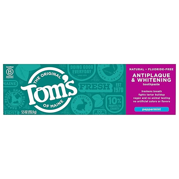 TOM’S OF MAINE FLUORIDE-FREE ANTIPLAQUE & WHITENING NATURAL TOOTHPASTE, PEPPERMINT, 5.5 OZ. (PACK OF 2)