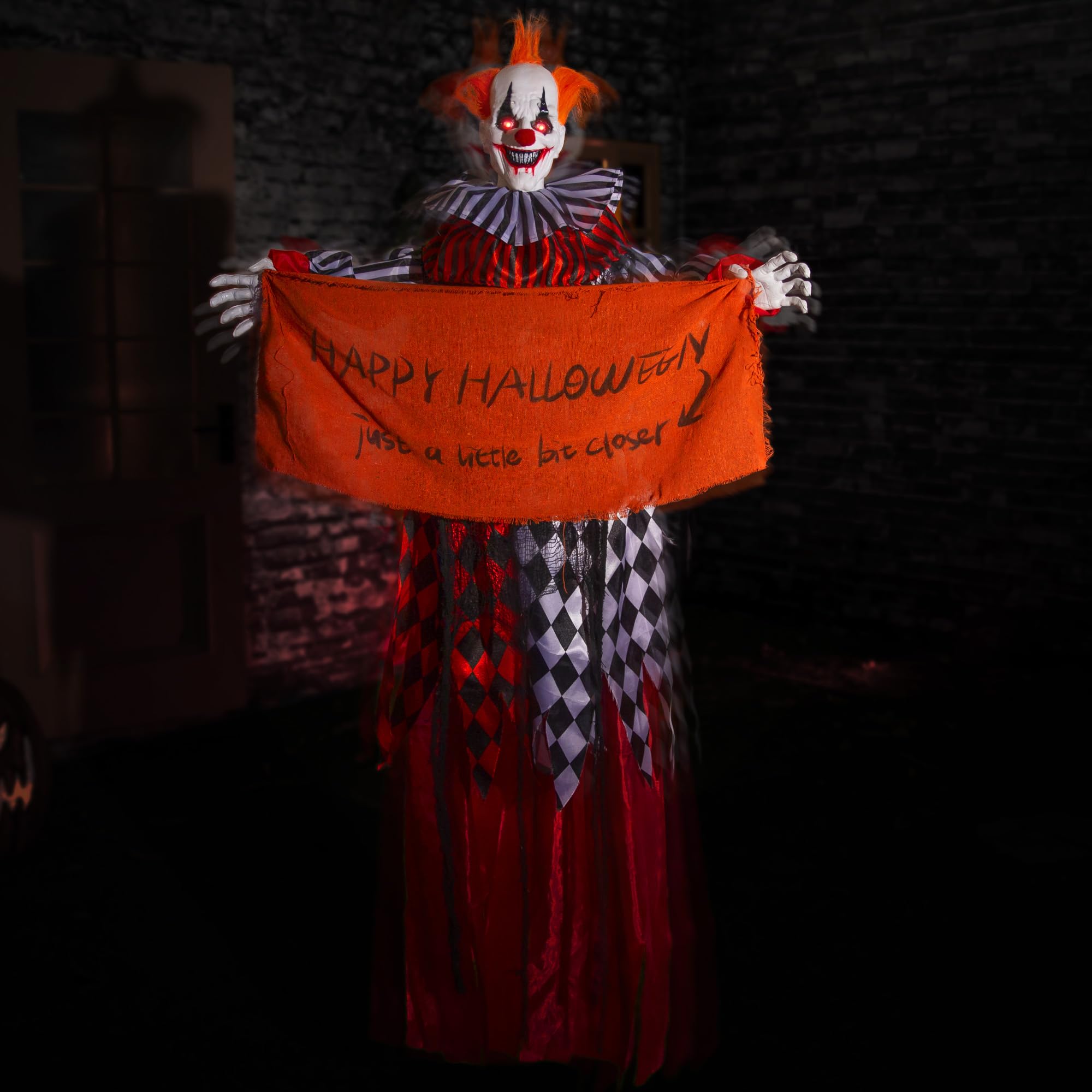 Photo 1 of Halloween Animatronics 5ft Hanging Clown, 60inch Floating Animated Clown Decorations with Banner, Sound Activated, Creepy Voice, Light Up Eyes, Scary Move, Spooky Horror Prop for Indoor, Outdoor