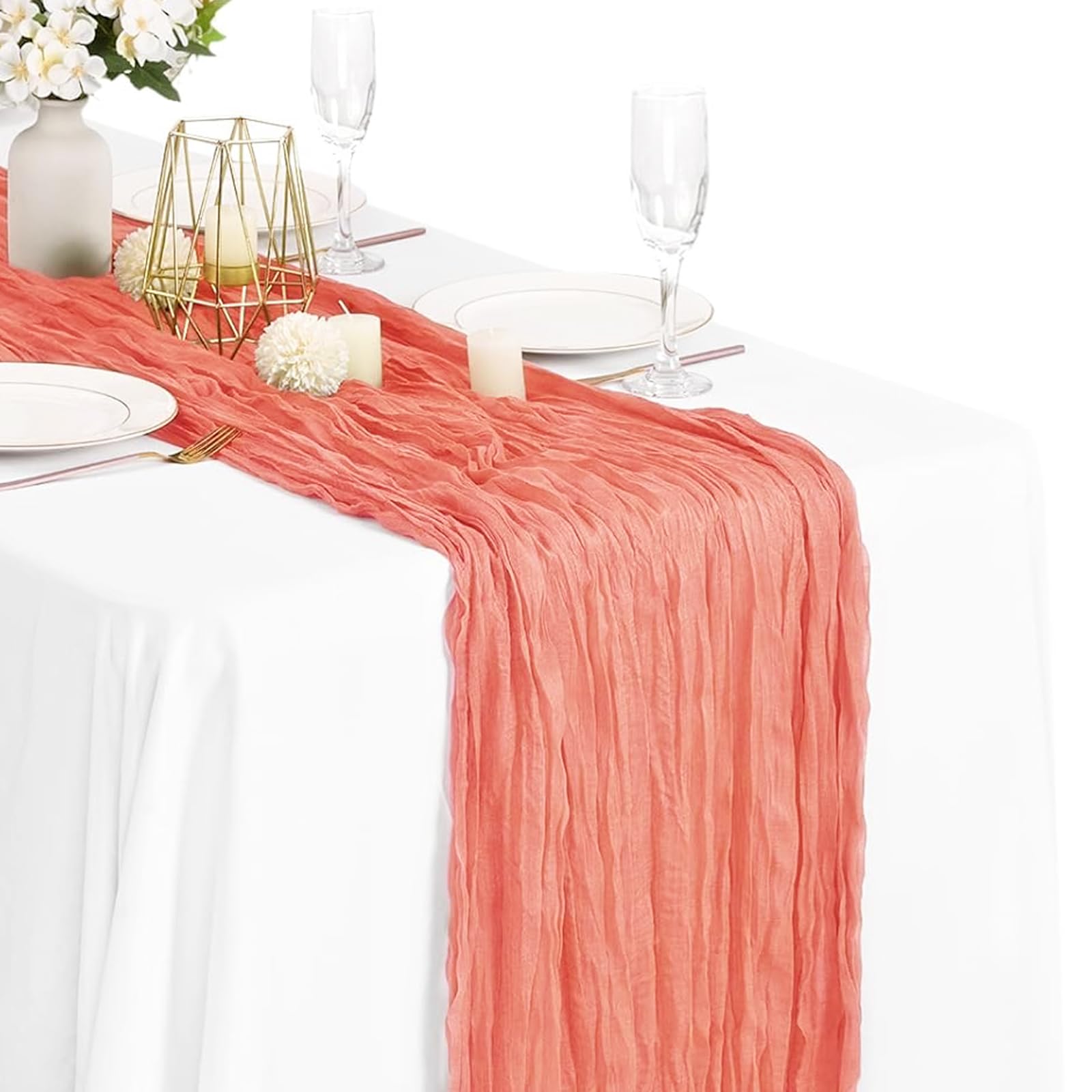 Photo 1 of CZBZYMYYY Cheesecloth Table Runner 10ft Gauze Boho Rustic Cheese Cloths Pink Table Runner for Bridal Shower Decorations, Tea Party Decorations, Wedding Easter Summer Party Supplies