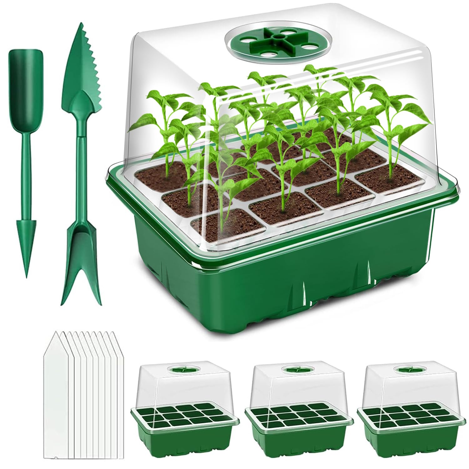zociko Seed Trays, 3 Pack 36 Cells Propagators Trays, Reusable Seedling Starter Growing Trays Kit for Greenhouse & Gardens, Plant Germination, Adjustable Humidity, High Lids, Thicken, Reusable, Green
