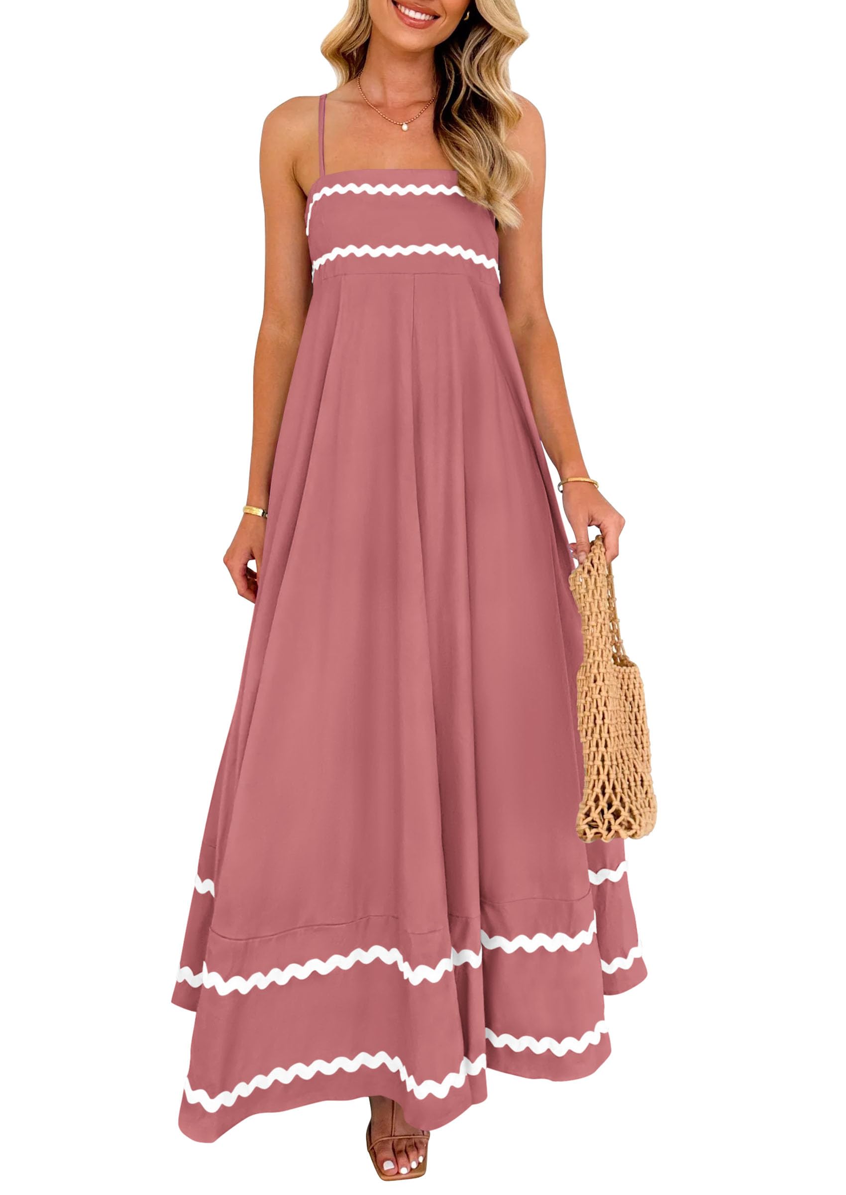 PRETTYGARDEN Women's 2026 Summer Flowy Maxi Dress Casual Sleeveless Spaghetti Strap Ruffle Beach Long Dresses (Dark Pink,Large) Image