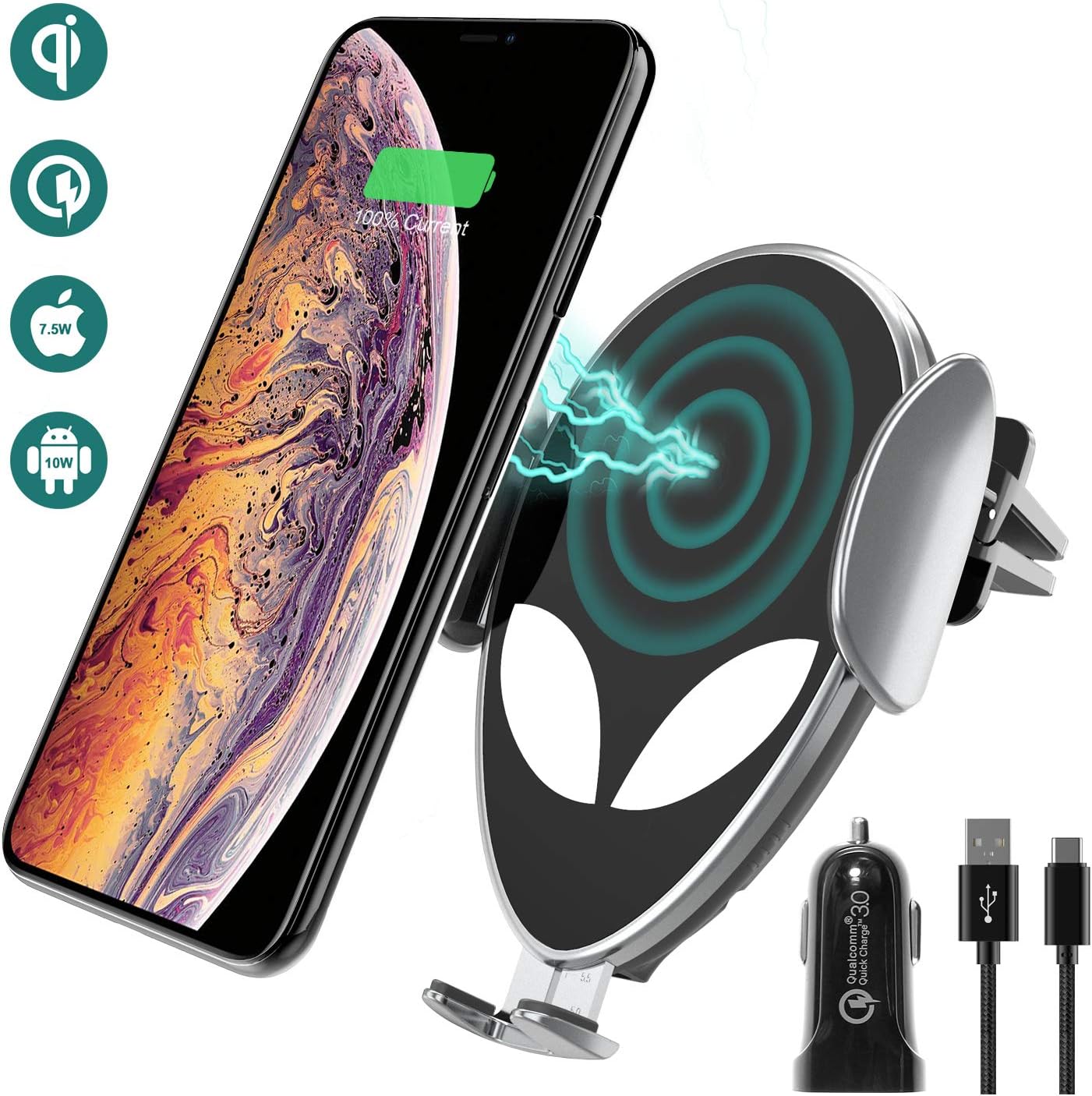 Wireless Car Charger Mount,Automatic Clamping Gravity Sensor Car Phone Mount, 10W 7.5W 5W Qi Fast Charging Air Vent Phone Holder Compatible with iPhone Xs/Xs Max/XR/X/8/8 Plus/Samsung S10+S10e-Silver