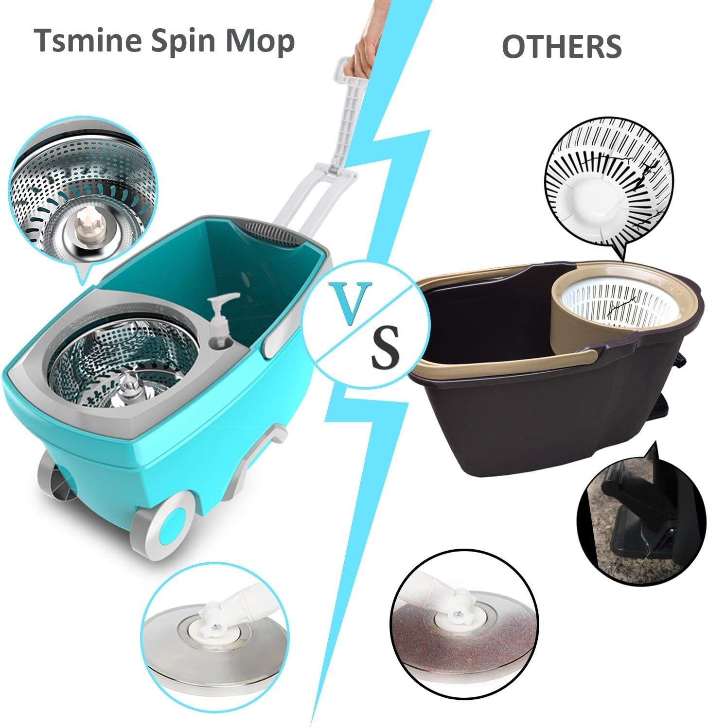 Tsmine Spin Mop Bucket System Stainless Steel Deluxe 360 Spinning Mop Bucket Floor Cleaning System with 6 Microfiber Replacement Head Refills,61"Extended Handle, 2x Wheel for Home Cleaning - MINT: Home & Kitchen