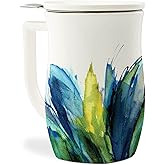 Tea Forte Ceramic Fiore Cup with Handle, Removeable Stainless Steel Infuser Basket and Lid, Steeps 14 oz Loose Leaf Tea, Dishwasher & Microwave Safe, Blue Agave