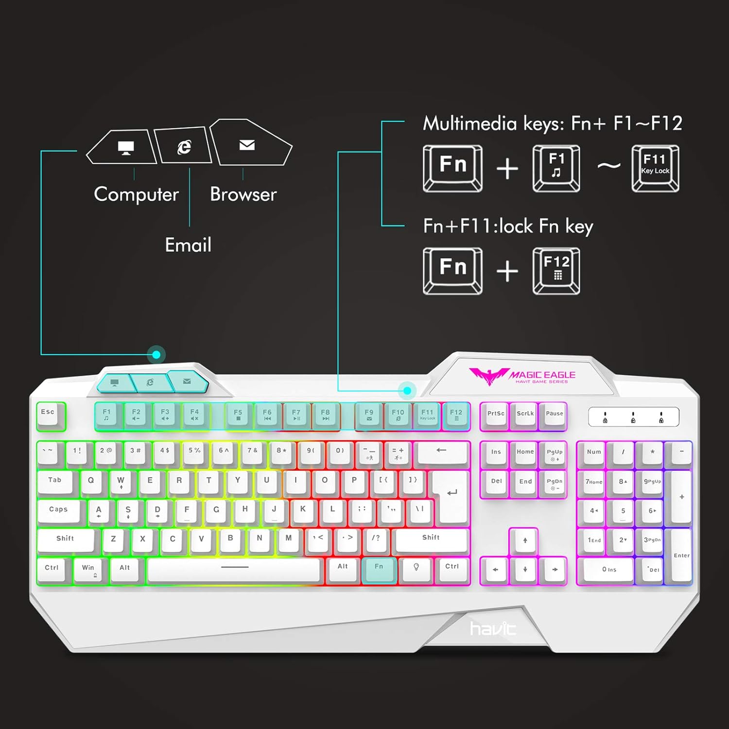 HAVIT Rainbow Backlit Wired Gaming Keyboard and Mouse Combo (White): Computers & Accessories