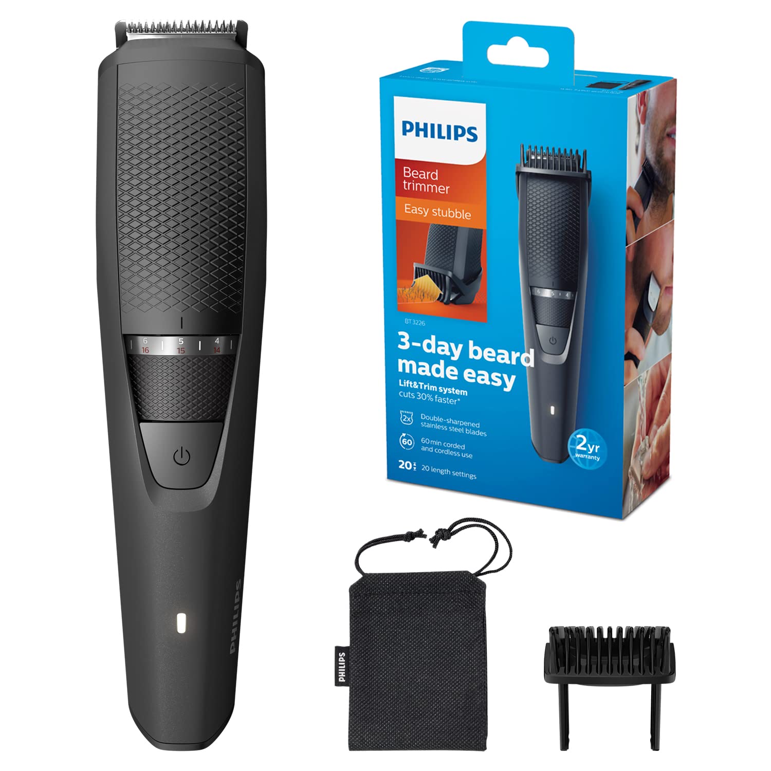 Philips Beard Trimmer for Men, Series 3000, 20 Length Settings, Self-Sharpening Metal Blades, UK 3-Pin Plug - BT3226/13