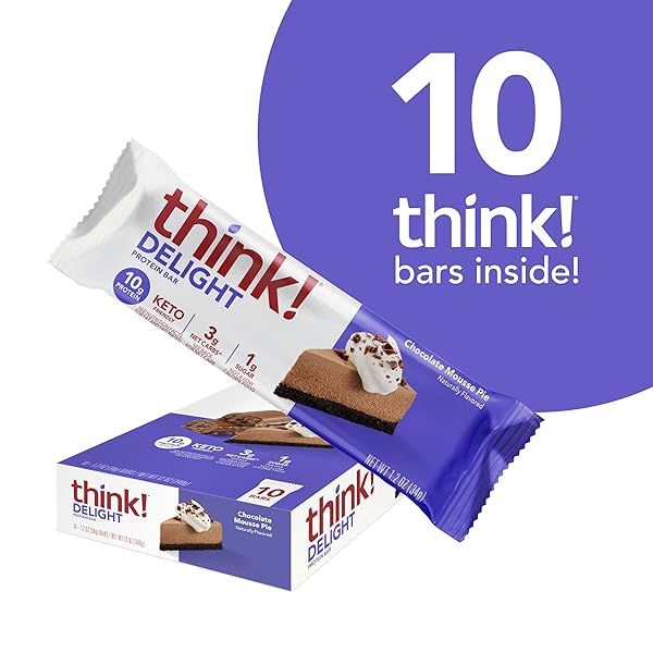 THINK! DELIGHT, KETO PROTEIN BARS, HEALTHY LOW CARB, GLUTEN FREE SNACK – CHOCOLATE MOUSSE PIE, 10 COUNT