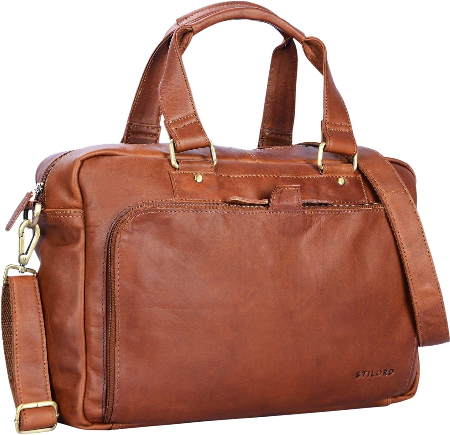 STILORD "Jon" Vintage Shoulder Bag Leather Men Women Laptop Bag 15.6 inch A4 for Work University Business Briefcase in Genuine Buffalo Leather Colour:Cognac-Brown