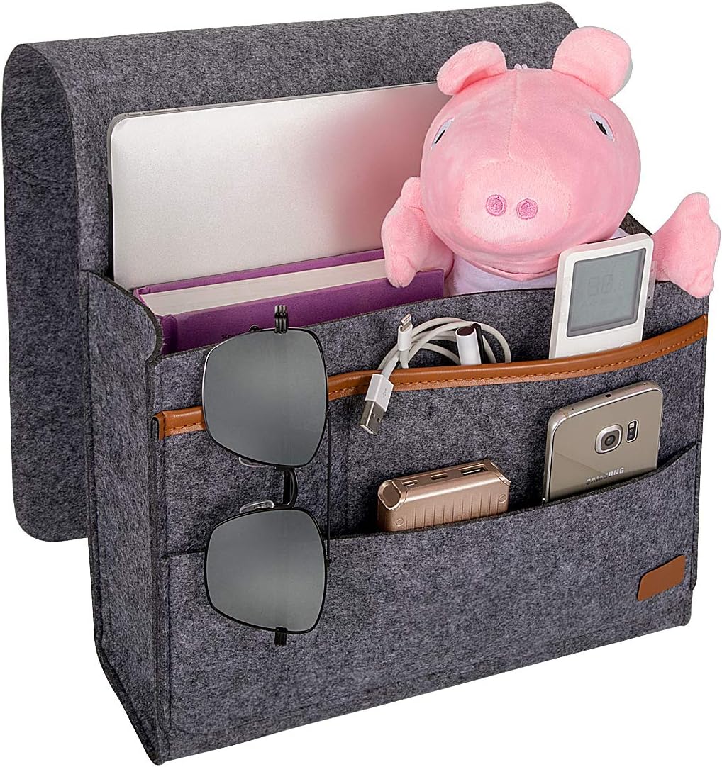 EXECCZO Bedside Caddy for Dorm College Room Bunk Bed, Bed Caddy Storage Organizer Home Sofa Desk Felt Bedside Pocket for Organizing Tablet Pad Magazine Books Phone Chargers Cable（Dark Grey）