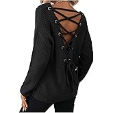 Verdusa Women's Lace Up Criss Cross Oversized Pullover Sweaters Old Money Streetwear Rib Knit Tops