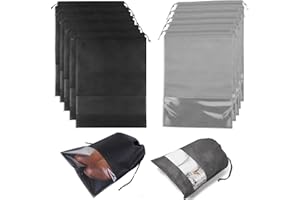 10 Pack Gym Shoe Bag, 12.6 X 17.3 Inch Waterproof Drawstring Laundry Bag with Clear Window Cover for Travel, Swim, Beach (Bla