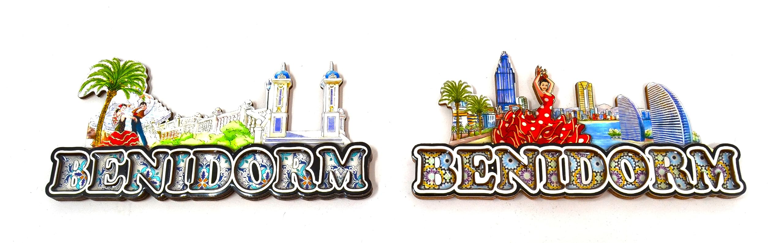 2 x 14 cm Refrigerator Magnet Benidorm Logo 3D Wooden Door Magnet Spain Spanish Fan Sevillana