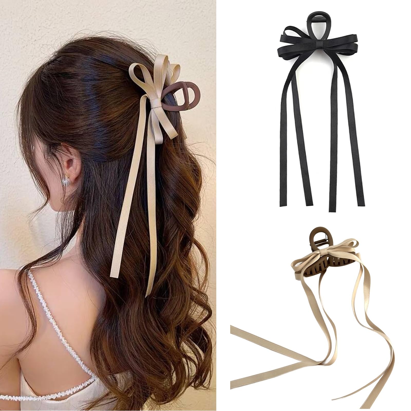 LUUFAN 2 Pack Ribbon Bow-knot Hair Clips for Women Girls Hair Claw Clips Hair Accessories with Long Tassel Ribbon Barrettes Hair Claw Clips for Thin or Thick Hair
