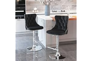 i-POOK Swivel Bar Stools Set of 2, Adjustable Counter Height Barstools with Nailheads Trim, Button Tufted Back and Silver Footrest, Velvet Bar Chairs for Dining Room Home Bar Kitchen Island, Black
