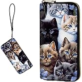 DIGTIALL Women's RFID Blocking Wallet PU Leather Slim Bifold Wristlet Clutch with Large Capacity,16 Card Slots & Zipper Coin Purse Pocket Ladies Travel Purse Wristlet,Cute Cat