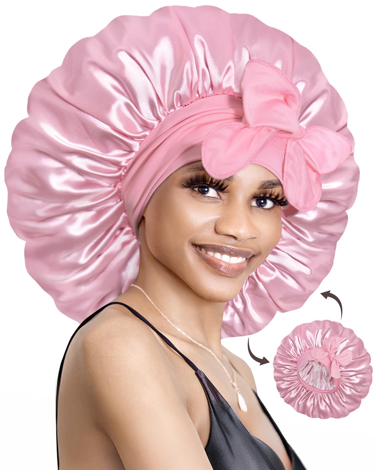 BONNET QUEEN Silk Bonnet Reversible for Sleeping for Curly Hair, Double Layer Sided Satin Bonnet for Women & Men, Adjustable Silk Scarf Night Cap with Tie Band, Pink — image 1