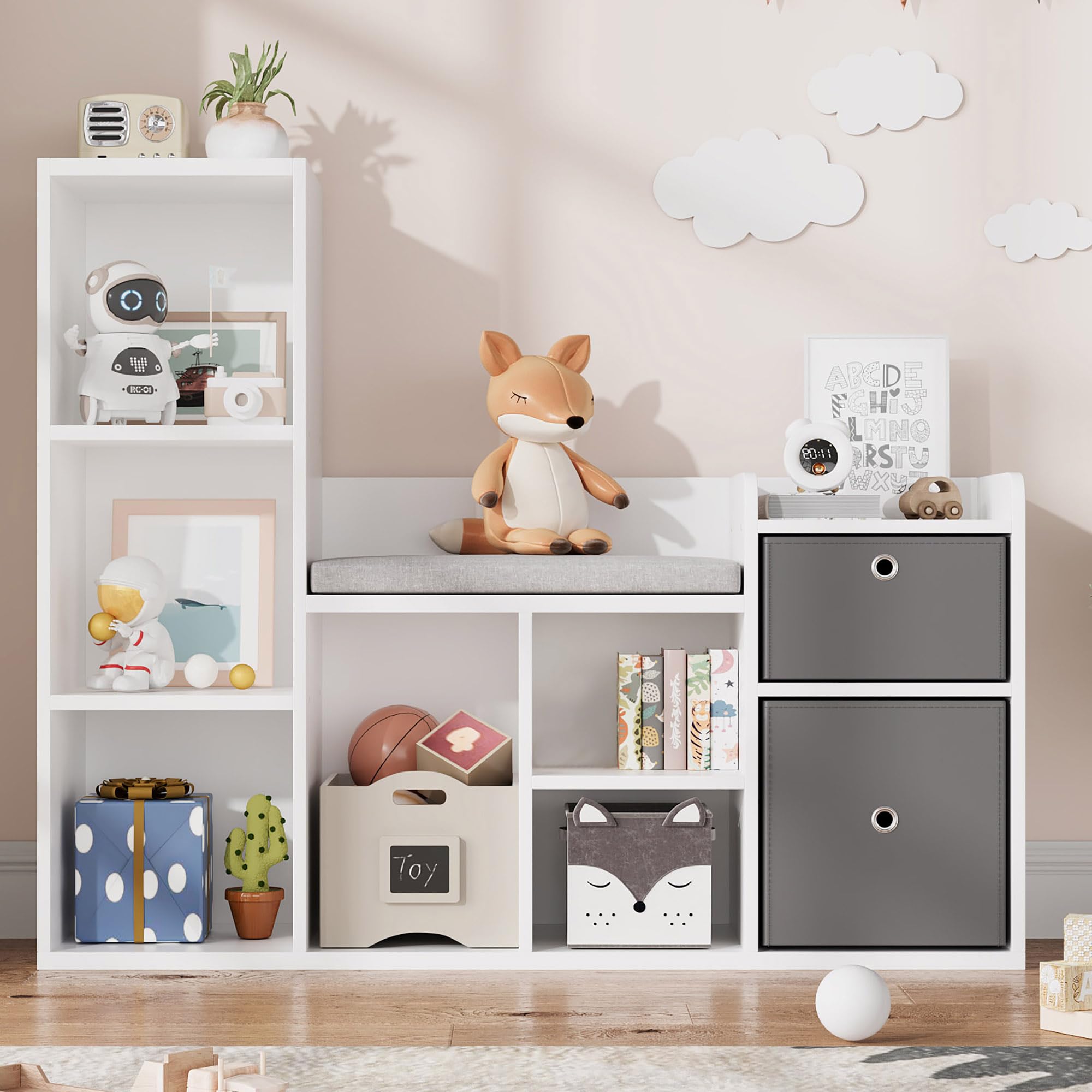 Photo 1 of ** SOLD AS IS NO REFUND/RETURN SEE COMMENTS **
SLEKVERSA 44 Inch Kids Bookshelf and Toy Storage with Reading Nook & Seat Cushion, Toy Storage Organizer with 6 Cubby and 2 Extra Drawers, Reading Nook for Playroom Kids Room