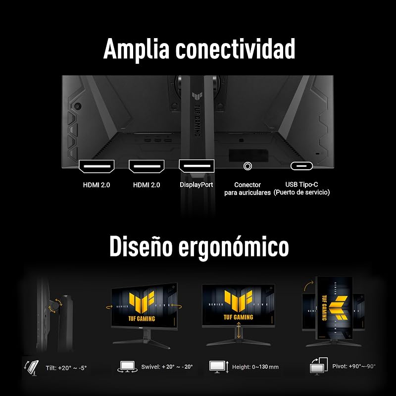 TUF Gaming VG27AQL5A Monitor de 27 polegadas, QHD (2560 x 1440), 210 Hz (OC), IPS rápido, ELMB Sync, 0,3 ms GTG (min), Altifalante estéreo, DisplayWidget Center, AI Gaming, Ajuste de altura
