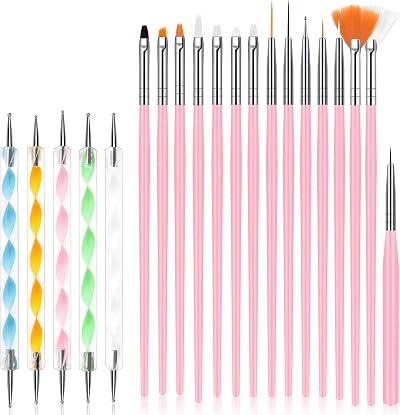 URAQT Nail Art Brushes Set 15pcs Painting Pen & 5pcs Dotting Tools Kit DIY