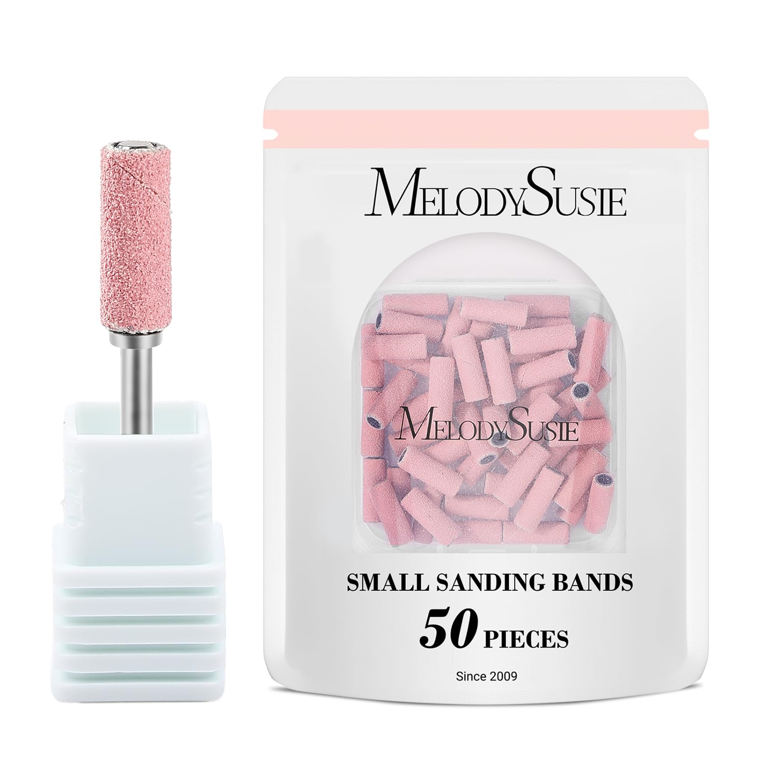 MelodySusie 50 Pcs Small Sanding Bands with 3.1mm Mandrel Nail Drill Bit, 180 Fine Grit Nail File for Acrylic Nails Gel Manicures and Pedicure, (Pink, 180 Grit)