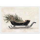 Vintage Christmas Sleigh Framed Wall Art Funny Christmas Tree Bow Painting Poster Rustic Cottage Paintings Art Print Christmas Holiday Picture Aesthetic Farmhouse Living Room 16x24 Inch Unframed