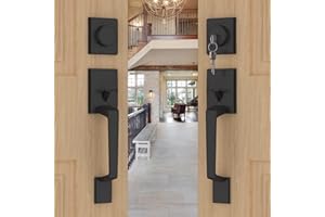 goldenwarm Double Front Door Lock Set, Black Double Door Handle Set, Matte Black Double Door Handle with Dummy, Modern Double Front Door Hardware Set with Reversible Handle Lever