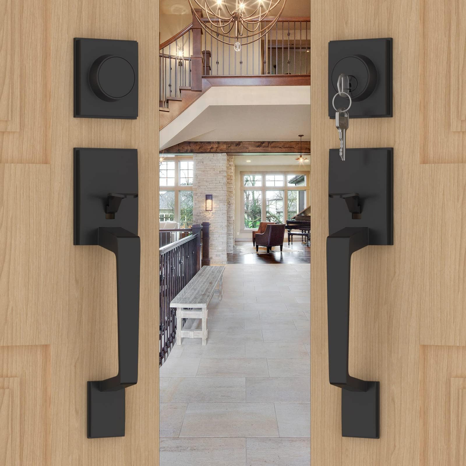 Photo 1 of goldenwarm Double Front Door Lock Set, Black Double Door Handle Set, Matte Black Double Door Handle with Dummy, Modern Double Front Door Hardware Set with Reversible Handle Lever