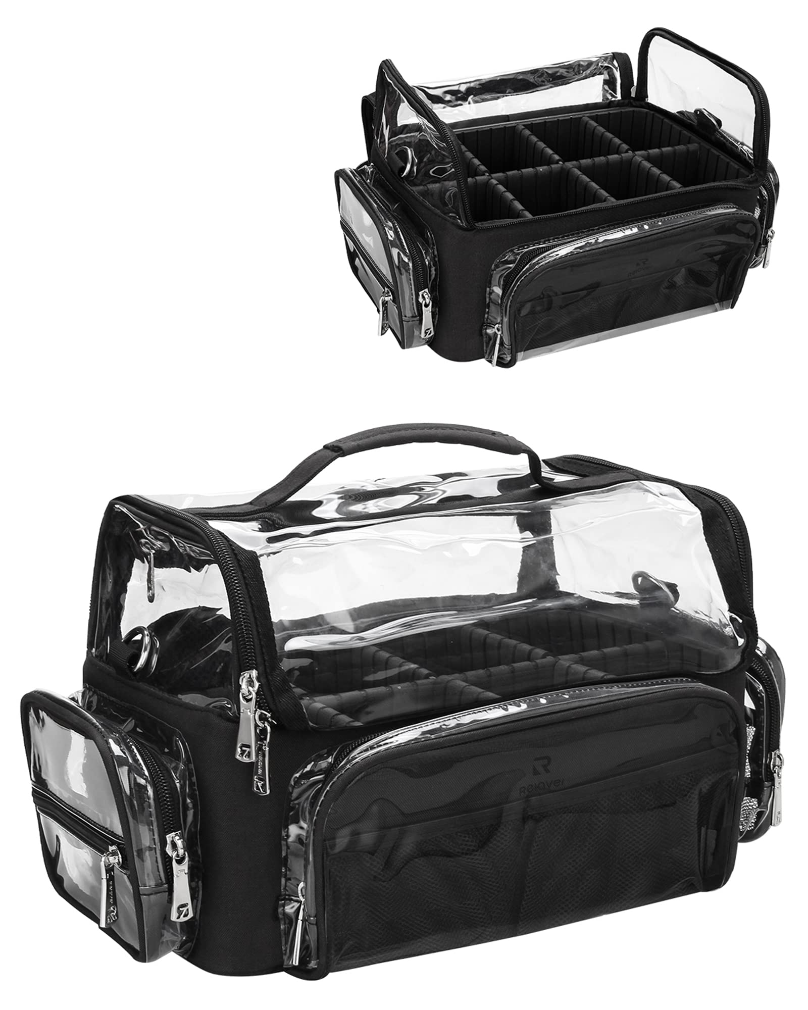 Relavel Makeup Brush Case - Extra Large, Professional Makeup Brush Holder Makeup Artist Travel Case Clear Waterproof Cosmetic Organizer Bag with Adjustable Strap and Dividers, Full Open Easy to Access