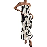 GORGLITTER Women's Summer Maxi Skirt Set 2 Piece Vacation Set Strapless Crop Tube Top and Skirt Sets Going Out Outfit