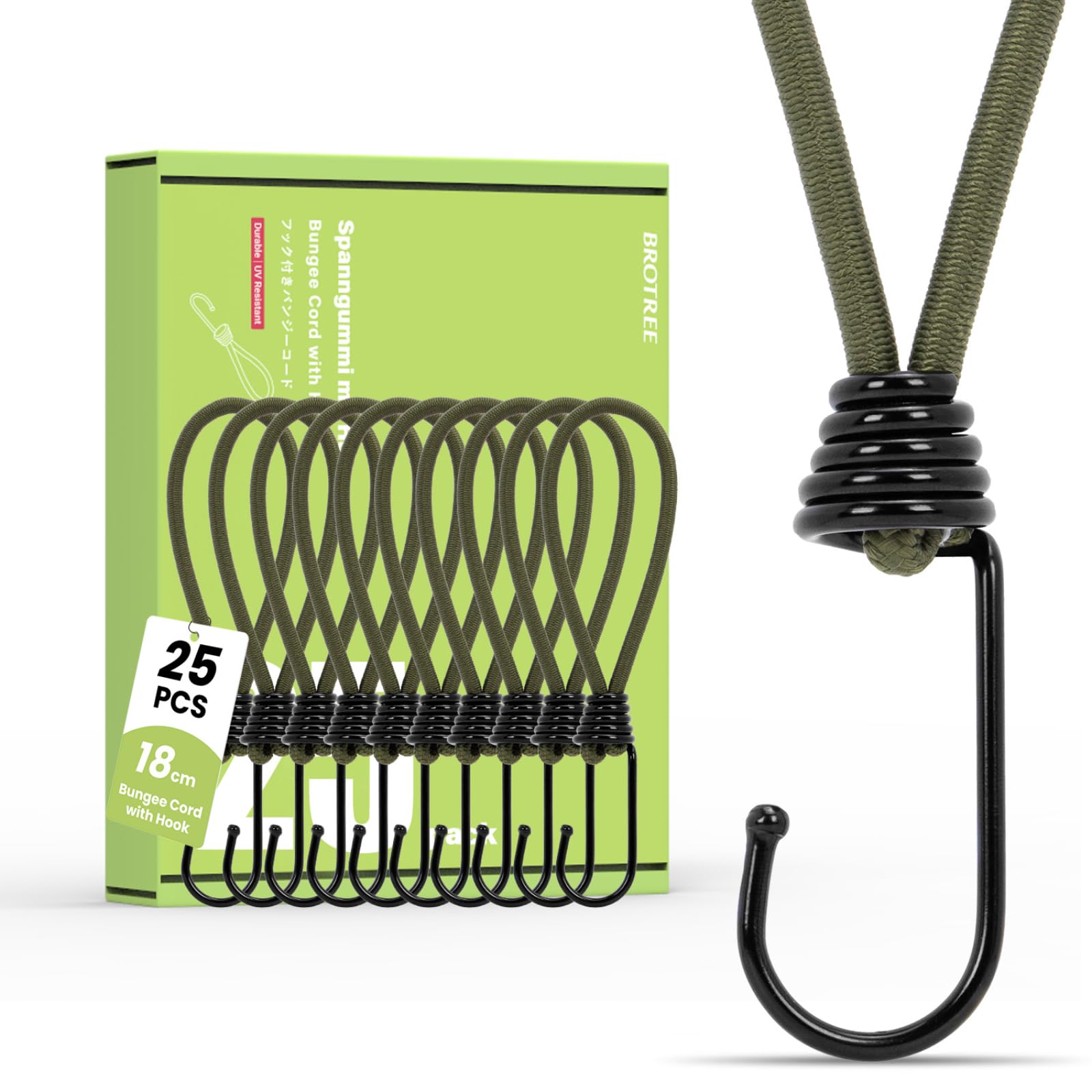 Brotree Bungee Cords with Hooks 25 Pack 18cm Bungee Hooks Small Bungee Rope with Hooks for Tarpaulins, Tents, Tarp and Fixing - Army Green