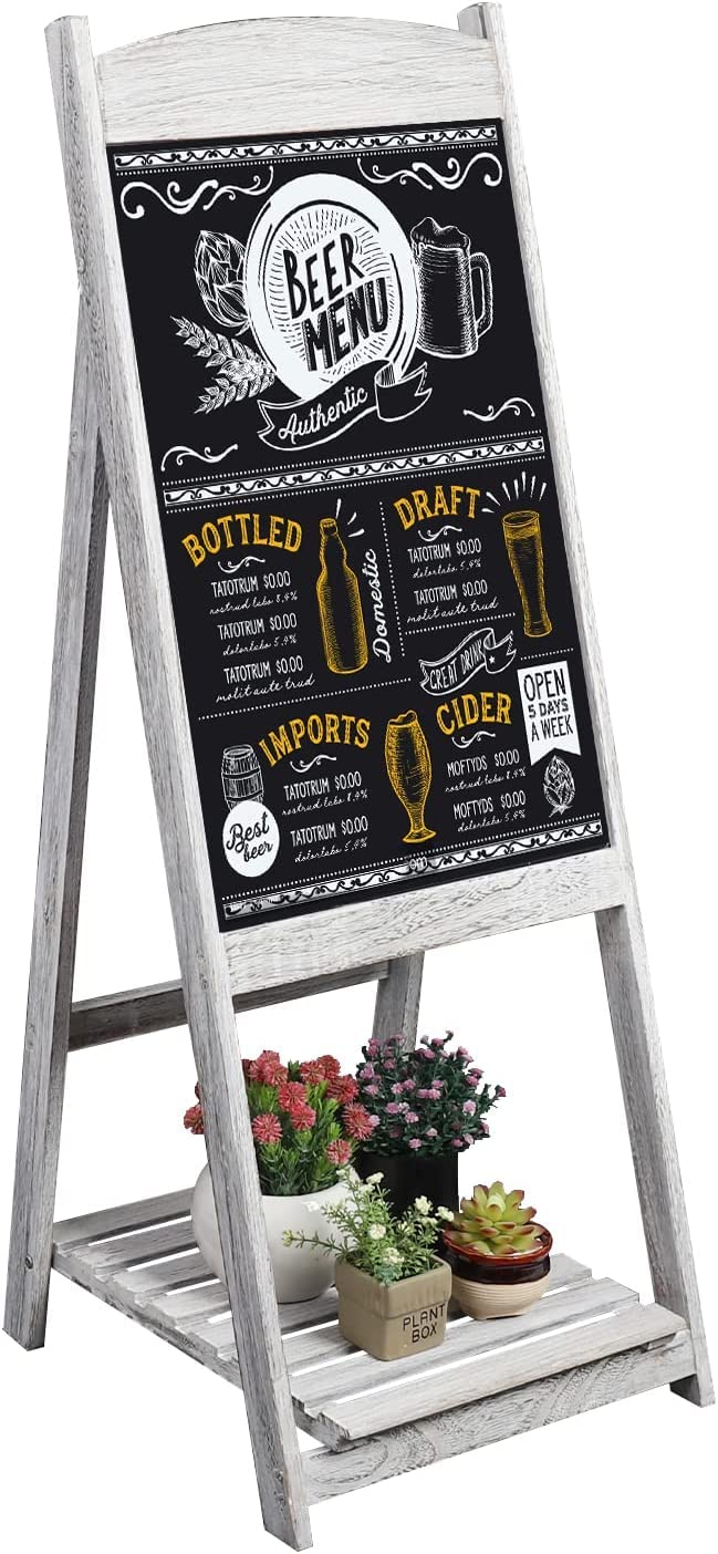 unho Advertising Sign on Foot, Magnetic Slate Chalkboard Wooden Frame Easel Sidewalk Outdoor with Storage Shelf 110 x 44 cm Ideal for Restaurant Cafe Bar Bistro – Grey