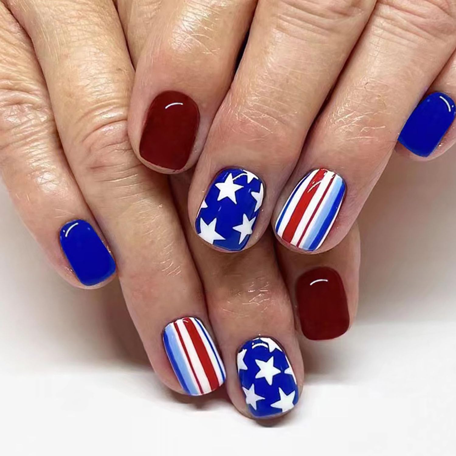 Photo 1 of 24Pcs Independence Day Short Square Press on Nails Five-Pointed Star Fake Nails Blue Red Line Design Nails Press ons Line Glossy Stick on Nails Patriotic Acrylic False Nails for Women 4th of July