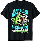 Dino Lover Just a Boy Who Loves Monster Trucks and Dinosaurs T-Shirt
