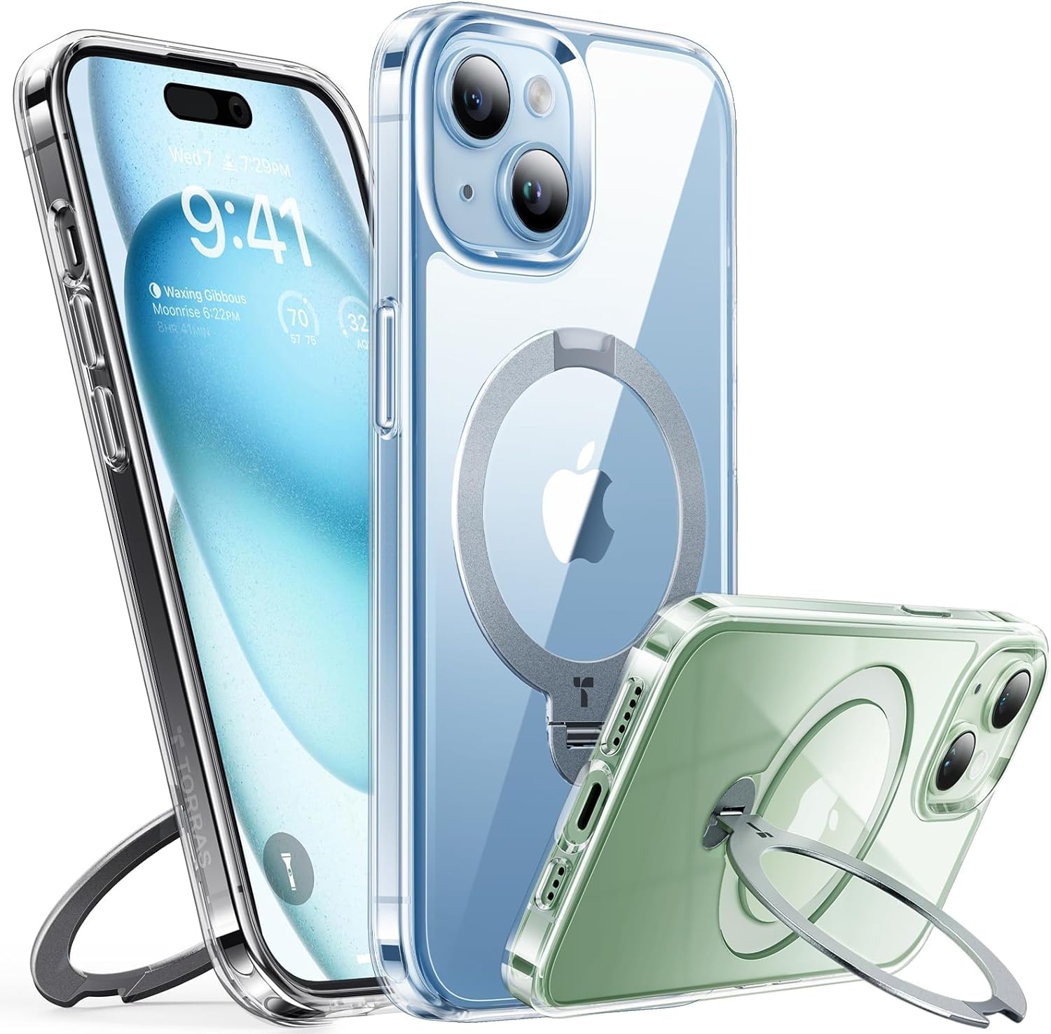 TORRAS 360° Spin Magnetic Stand for iPhone 15 Case, Compatible with Magsafe,14 FT Military Grade Shockproof Slim Protective iPhone 15 Case with Kickstand Ring Holder, Ostand Spin-Clear — image 1