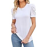 Ivicoer Puff Short Sleeve Shirt for Women Eyelet Tops Summer Crewneck Blouse Loose Fit S-XXL