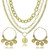 Aswitnove 2 Pcs Layered Golden Pirate Necklace Earrings for Women Chunky Chain Layered Necklace Boho Gypsy Hoop Earrings Punk Grunge 80s 90s Coin Pendant Jewelry Halloween Pirate Costume Accessories
