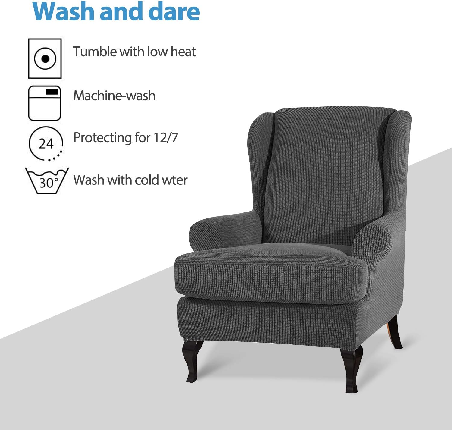 PETCUTE Wing Chair Slipcovers Armchair Covers with Ears Stretch Wing Chair Covers Jacquard Furniture Protector Dark gray - Image 4