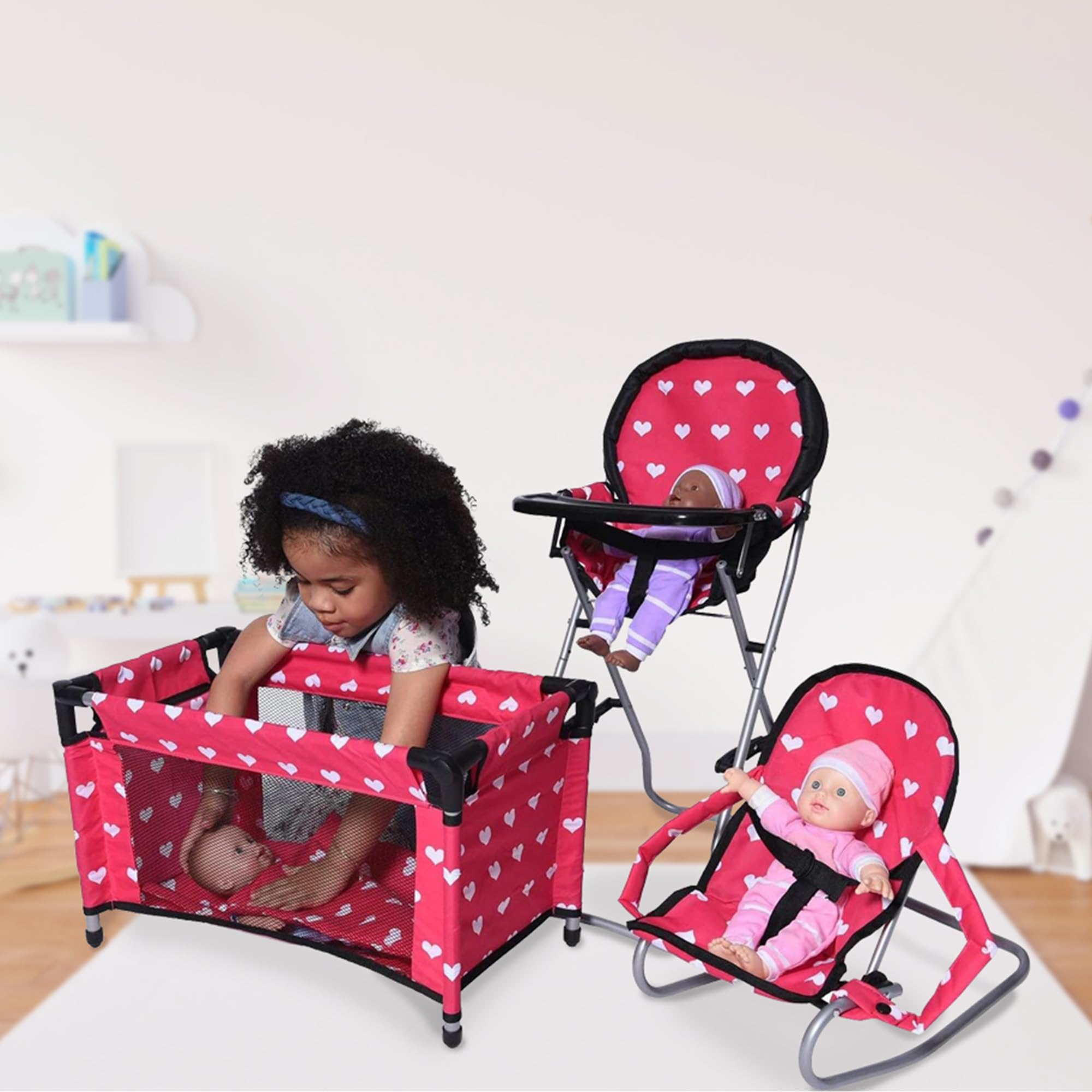 Mega Baby Doll Accessories Set, 3-1 Baby Doll Crib, Baby Doll High Chair & Bouncer Seat. 18 inch Doll Accessories with Doll Bed. 18
