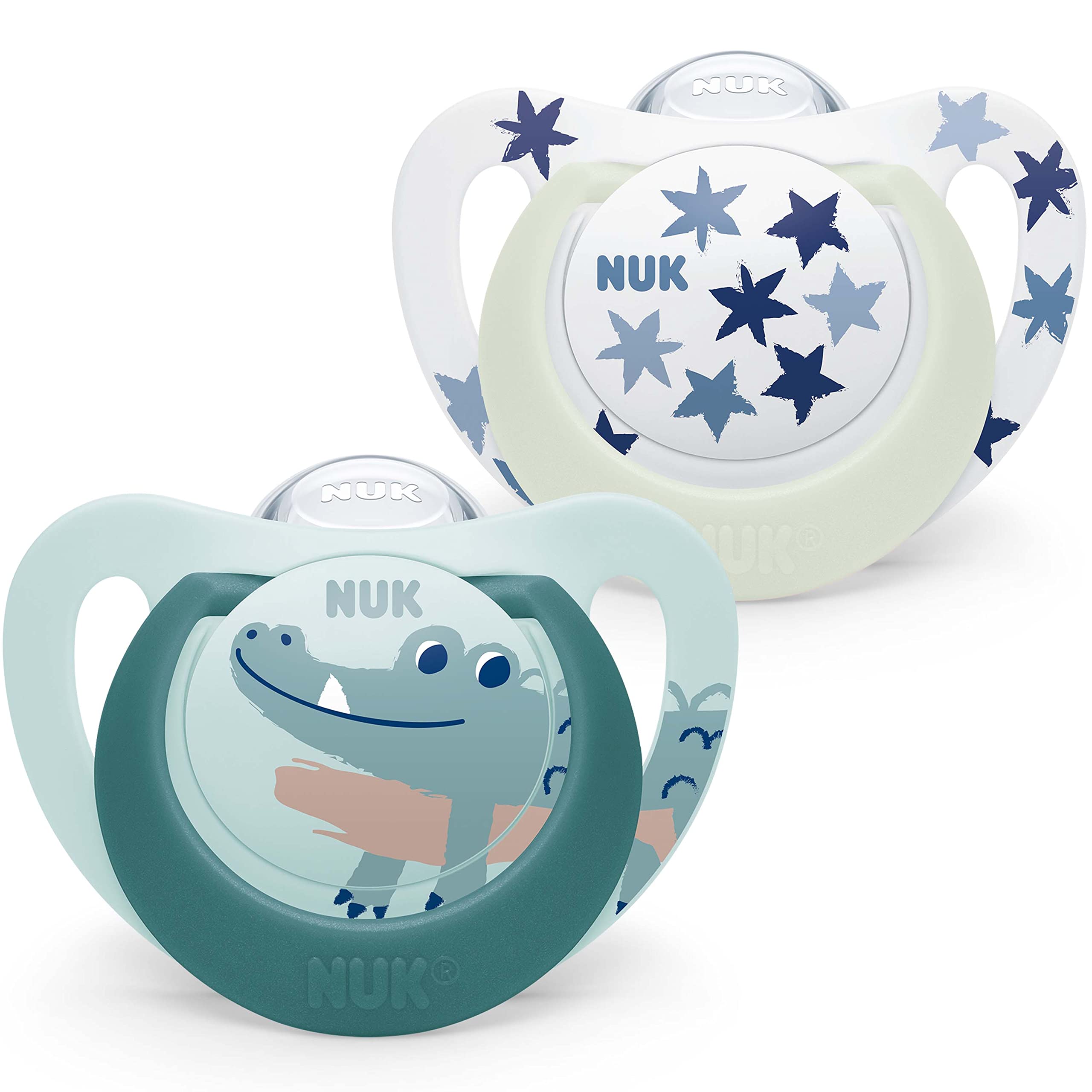 Nuk Star Night & Day Baby Pacifier, 18-36 Months, Glow in The Dark Pacifiers, BPA-Free Silicone, Green Crocodile, 2-Piece