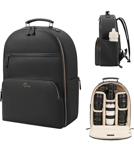 Divvia Camera Backpack Classic PU Leather with 15 Inch Laptop Compartment, Professional Camera Bag for Photographers for DSLR Large 20L Brown : Electronics