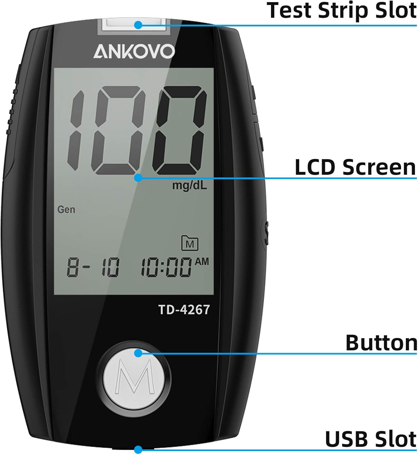 Blood Glucose Monitor Kit, ANKOVO Diabetes Testing Kit with Blood Glucose Meter, Control Solution, 100 Blood Test Strips, 100 Counts 30 Gauge Lancets and Carrying Case, Lancing Device, No Coding: Health & Personal Care