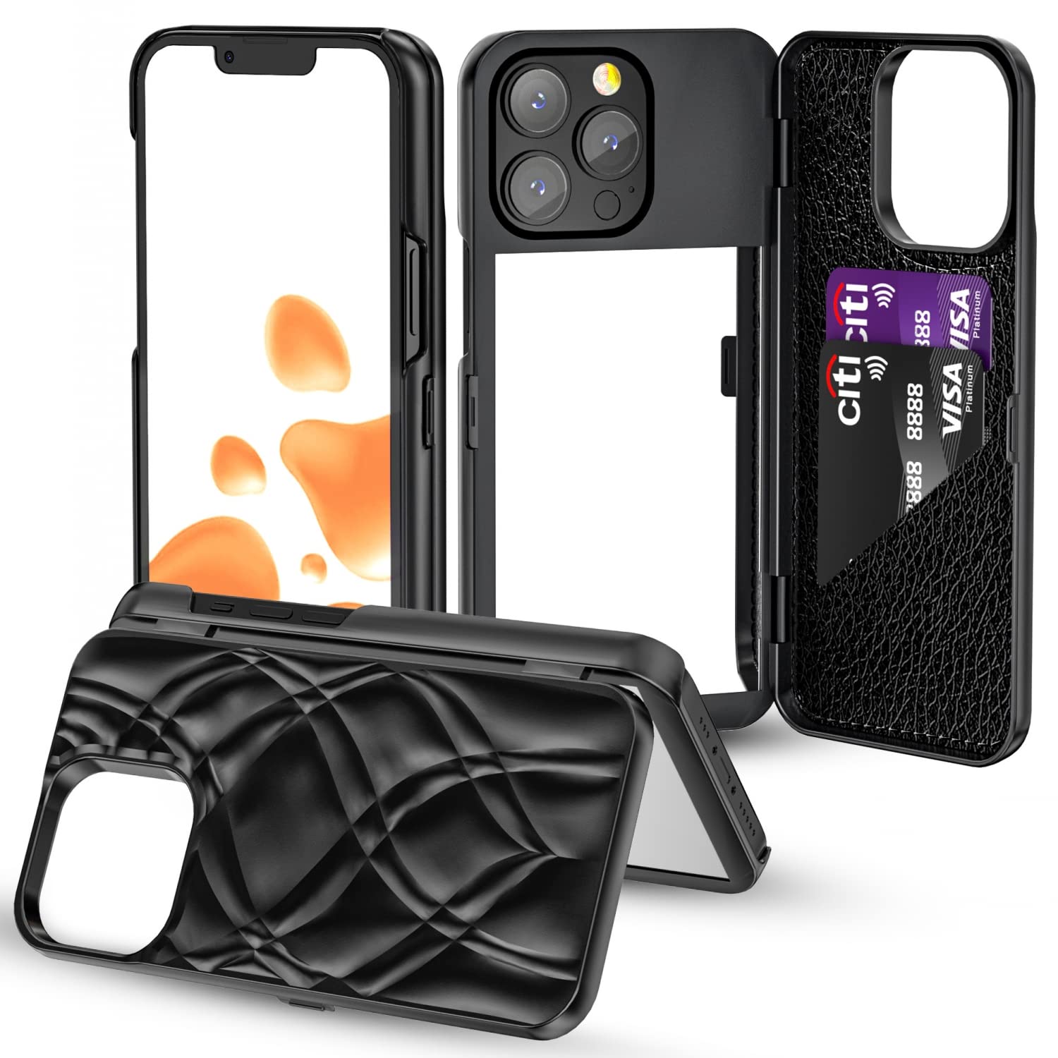 W7ETBEN iPhone 14 Pro Max Case with Kickstand, Hidden Mirror, 3 Card Slot, Black โ image 1