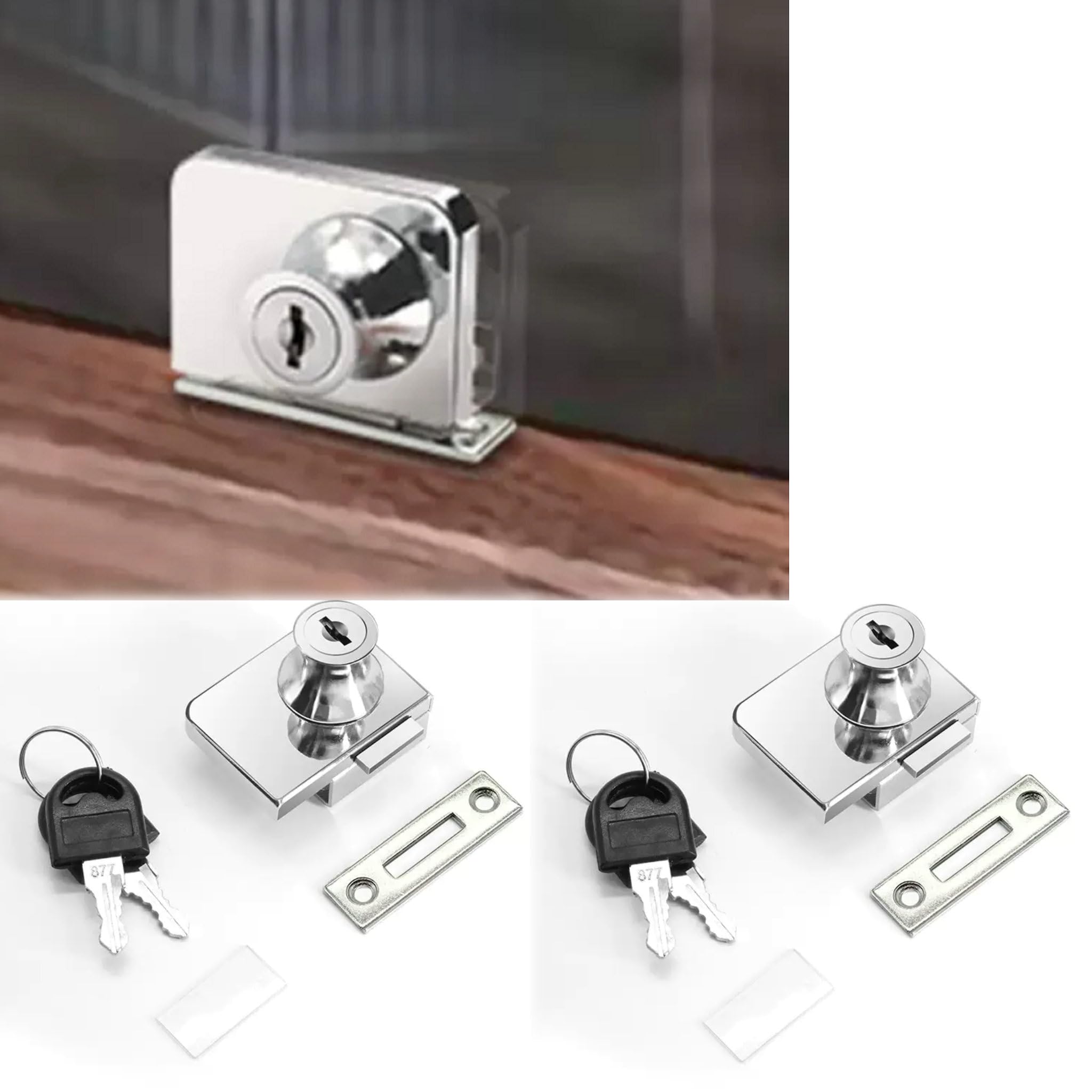 2 Pcs Glass Door Locks Double Open Display Cabinet Locks with 4 Keys Anti Corrosion Glass for Office Mall Display Cabinet