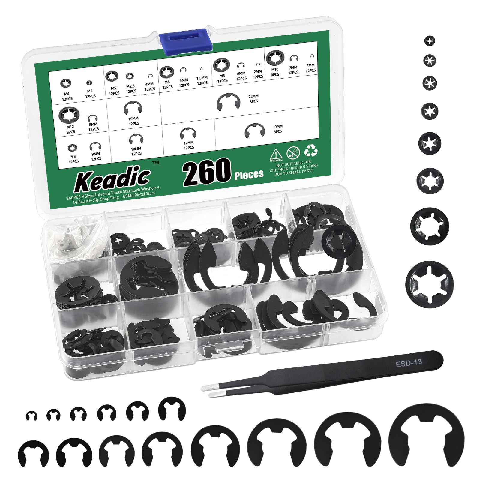 Keadic 261Pcs M3/M4/M5/M6/M8/M10/M12 Internal Tooth Star lock Washers and M1.5/M2/M3/M4/M5/M6/M7/M8/M9/M10/M12/M15/M19/M22 External Retaining E-Clips (Steel Black Oxide Finish)