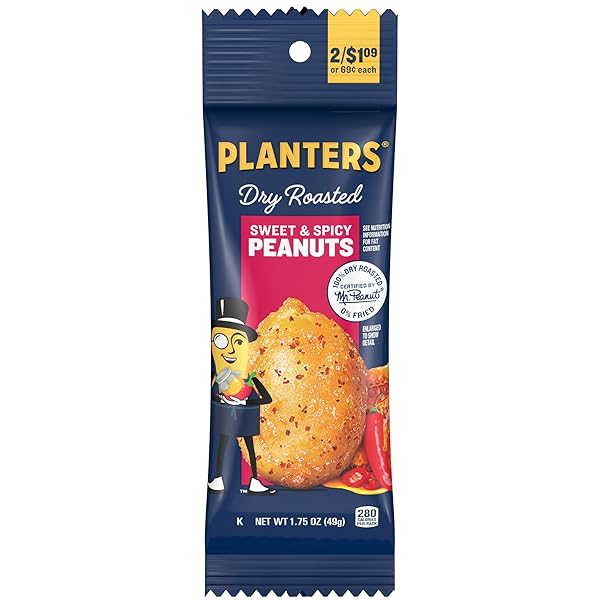 PLANTERS SWEET AND SPICY PEANUTS, DRY ROASTED PEANUTS, SPICY NUTS, NUTS INDIVIDUAL PACKS, PARTY SNACKS, SNACK NUTS, SNACKS ON THE GO, KOSHER, 1.75OZ (18 PACK)