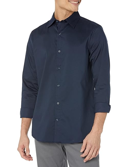 Amazon Essentials Men's Regular Fit Long Sleeve Wrinkle Resistant Stretch Dress Shirt, Navy, X-Small