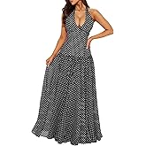Lingt Chic Women's Polka Dot Maxi Dress Halter Neck Sleeveless Drop Waist Flowy Summer Wedding Beach Sundress