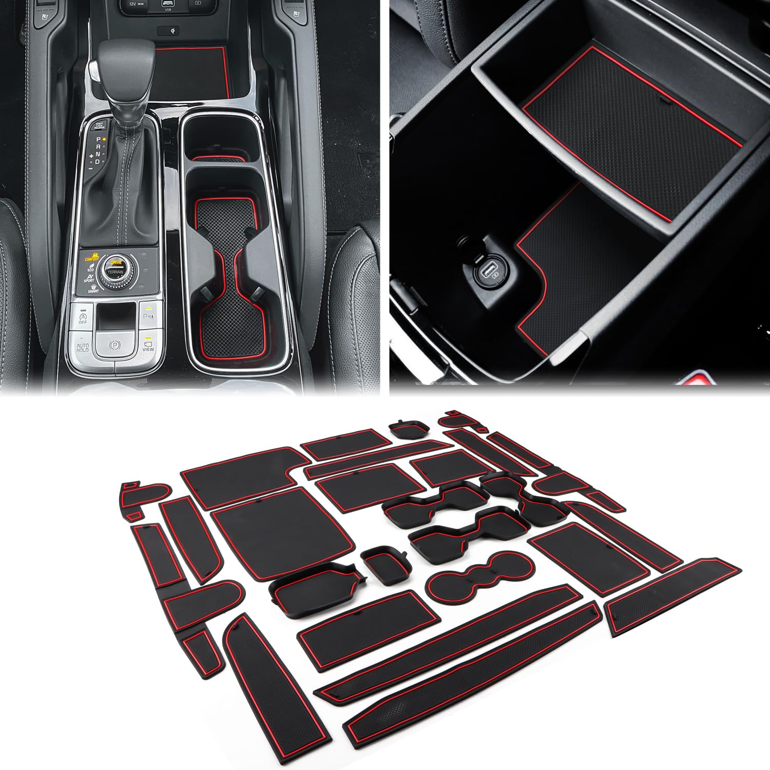 Photo 1 of Auovo Center Console Mats Compatible with Kia Telluride Accessories 2020 2021 2022 2023 Cup Holder Coasters Pads Door Liners Car Interior Decoration(26pcs/Set, Red)